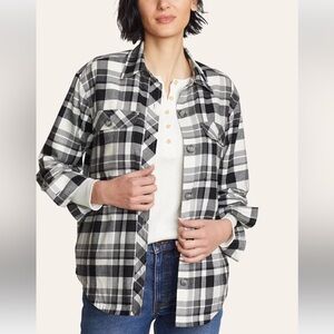 NWT Eddie Bouer, Black and White Plaid Button-Up Shirt Size S